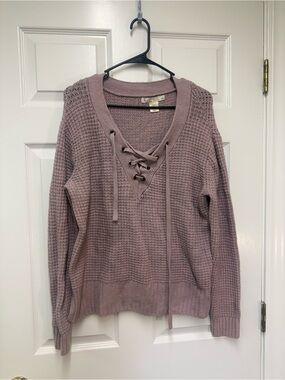 Kaisely Lace-Up V-Neck Waffle Knit Sweater - Mauve Pink